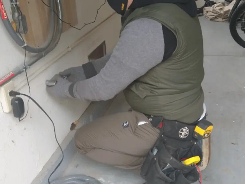 Electrician performing outlet wiring in a Wright garage